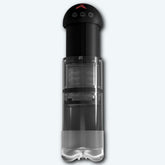 The Pipedream PDX Elite Extender Pro Vibrating Penis Pump is a vertical, cylindrical device with a transparent lower half and a black upper half featuring several buttons. The dome-shaped top has icons marked with arrows, the letter "R," and the letter "V." Equipped with IST technology, this rechargeable motor ensures seamless operation.
